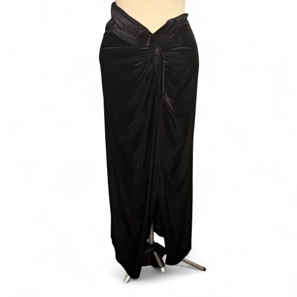 AFRM Delmi Ruched Velvet Midi Skirt Black Size M High Slit Revolve NWT - Picture 2 of 8